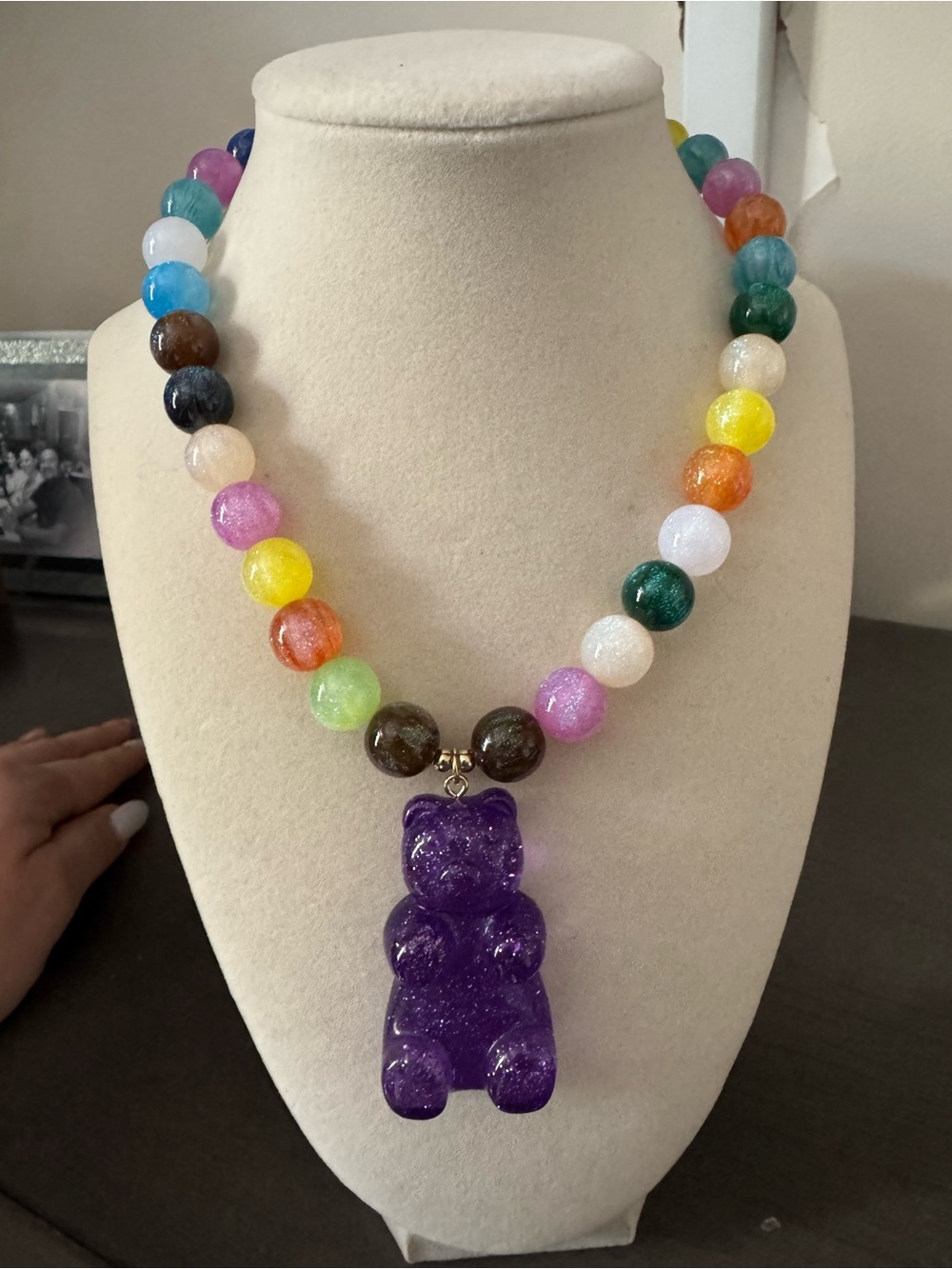Multicolor Beaded Necklace with Purple Gummy Bear Pendant